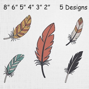 May include: Five decorative feather designs in various colors, including orange, yellow, teal, black, and white. The feathers range in size from 2 to 8 inches. The text "5 Designs" is displayed above the feathers.