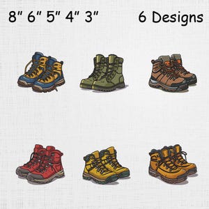 Op de afbeelding: Een illustratie van zes verschillende wandelschoenontwerpen. De laarzen zijn in verschillende kleuren, waaronder blauw en geel, groen, bruin en oranje, rood, geel en groen, en oranje en geel. De tekst "8" 6" 5" 4" 3"" en "6 Designs" staat bovenaan.