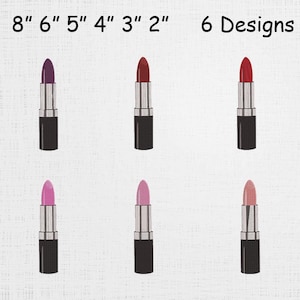 May include: Six lipstick designs in various shades of red, pink, and purple. Each lipstick is in a black tube with a silver band. The image includes measurements from 2 to 8 inches.