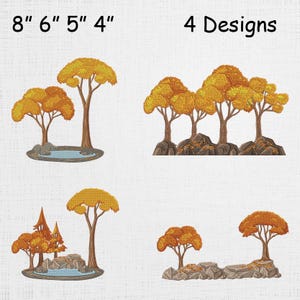 May include: Four embroidery designs featuring autumn trees with golden yellow foliage and brown trunks. The designs vary in size, with the largest being 8 inches and the smallest 4 inches. The designs include trees near water and on rocky terrain.