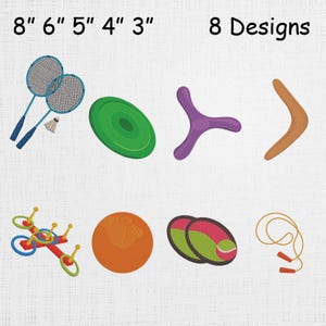 May include: An image featuring eight different sports and recreational designs. The designs include badminton rackets, a frisbee, a boomerang, a ring toss game, a ball, two bean bags, and a jump rope. The text "8 Designs" is visible at the top.