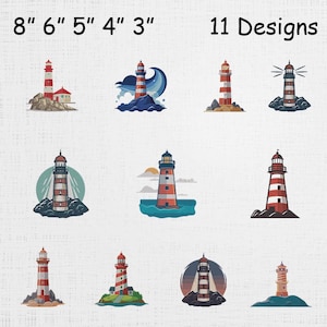 Può includere: Un'immagine che mostra undici disegni di fari. Ogni design presenta un faro unico con strisce rosse e bianche, ambientato su vari sfondi come coste rocciose e onde oceaniche. Il testo "8" 6" 5" 4" 3"" e "11 Designs" è in alto.