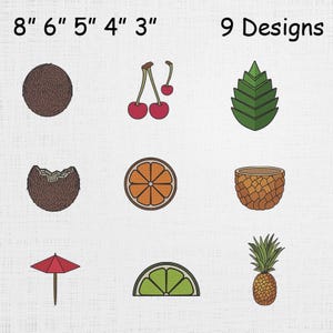 Puede incluir: Nueve diseños de frutas coloridas, incluyendo un coco, cerezas, una hoja, una rodaja de naranja, una piña y una lima. La imagen también incluye el texto "8" 6" 5" 4" 3"" y "9 Designs."