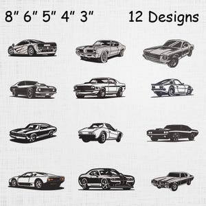Könnte beinhalten: Zwölf klassische Autodesigns in Schwarz und Weiß, mit Maßen von 7,6 cm bis 20,3 cm. Das Bild enthält den Text "12 Designs" und die Maße in Zoll.