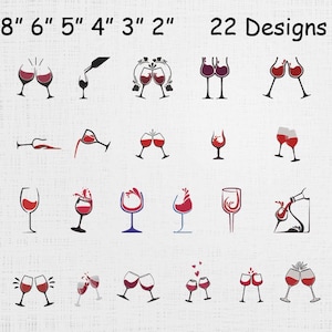 Puede incluir: Una colección de 22 diseños de copas de vino, cada uno con una ilustración única. Los diseños incluyen copas con vino, vertiendo vino y brindando. Medidas en cm, de 5.08 cm a 20.32 cm.