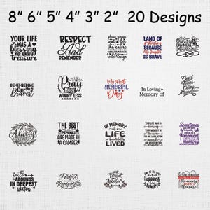 Peut inclure: Une collection de 20 motifs avec des citations et des phrases inspirantes. Les motifs incluent des phrases telles que "Votre vie était une bénédiction" et "Se souvenir de nos plus courageux". Les mesures sont de 5 cm à 20 cm.
