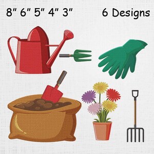 Broderiset med trädgårdsikoner - Maskinfil för trädgårdsredskap - Mönster för trädgårdsskötsel, spade och vattenkanna - 6 designer, 5 storlekar