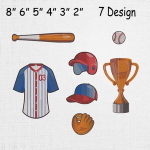 May include: An illustration of baseball equipment, including a bat, ball, jersey with the number 03, helmet, cap, glove, and a trophy. The text "7 Design" is visible.