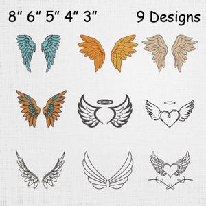May include: Nine embroidered wing designs in various colors and styles, ranging from 3 to 8 inches in width. Designs include teal, orange, tan, and black and white wings, as well as wings with a heart and halo.
