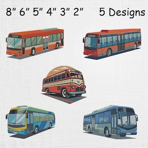 Könnte beinhalten: Fünf Bus-Designs, darunter zwei moderne orangefarbene Busse, ein roter Oldtimer-Bus mit abgerundeter Front, ein blau-gelber Bus und ein blau-grauer Bus. Der Text oben lautet 8" 6" 5" 4" 3" 2" 5 Designs.
