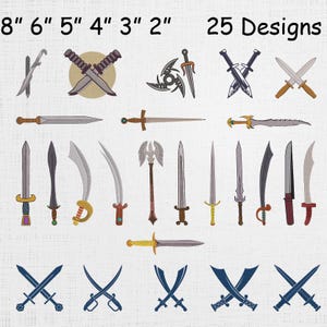 May include: A collection of 25 sword designs, each with unique shapes and details. The image includes text indicating sizes from 2 to 8 inches. The swords vary in color, with silver, gold, and brown tones.