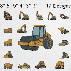 Pode incluir: Uma imagem com 17 desenhos de veículos de construção, incluindo escavadeiras e betoneiras. Os desenhos são em amarelo e preto, com as dimensões dos desenhos em polegadas no topo, convertidas em cm.