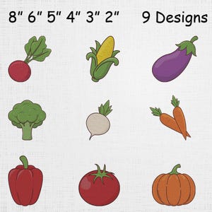 Broderi av grönsaksikoner - Maskinfil för grönsaksbunt - Mönster för köksgrönsaksset - 9 designer, 6 storlekar