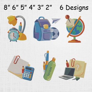 Può includere: Disegni ricamati a tema scolastico, tra cui uno zaino, un mappamondo, una sveglia e una calcolatrice. I disegni sono in varie dimensioni, da 5 a 20 cm. L'immagine include anche il testo "6 Designs."