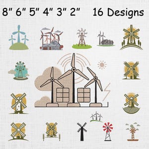 May include: A collection of 16 designs featuring windmills and wind turbines. The designs include various styles, sizes, and colors, with measurements from 2 to 8 inches. The text "16 Designs" is displayed at the top.
