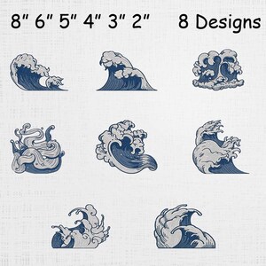 Può includere: Otto disegni di onde in tonalità blu e grigie, con il testo "8 Designs" e misure da 5 a 20 cm. Le illustrazioni raffigurano onde oceaniche stilizzate, adatte a vari progetti artigianali.
