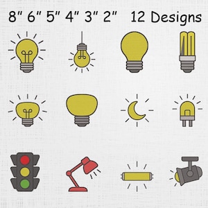 May include: A collection of 12 light-themed designs, including various light bulbs, a traffic light, and a desk lamp. The designs are in yellow, red, and gray, with the text "8" 6" 5" 4" 3" 2" 12 Designs" at the top.