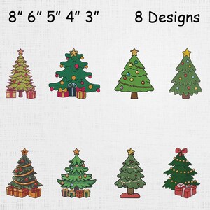 May include: Eight Christmas tree designs in various styles, each with a star on top and some with gift boxes at the base. The trees range in size from 3 to 8 inches. The text "8 Designs" is at the top.
