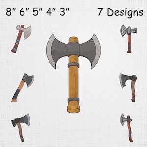 May include: An illustration of seven axe designs, with the largest measuring 20 cm. The axes feature various blade shapes and handle designs, with colors including grey, brown, and blue. The text "7 Designs" is displayed above the axes.