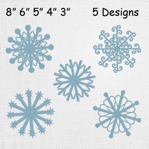 May include: Five light blue snowflake designs in various styles, ranging from 3 to 8 inches in diameter. The image includes text indicating the number of designs and their sizes.