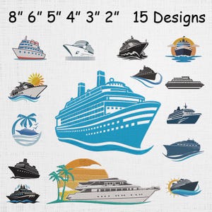 May include: An image featuring 15 cruise ship designs in various styles and colors. The designs range in size from 2 to 8 inches. The ships are depicted with details such as windows, decks, and smokestacks, with some designs including waves, suns, and palm trees.