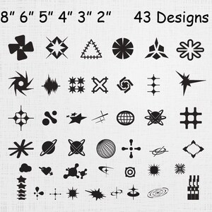 May include: A collection of 43 black graphic design elements and symbols arranged in a grid. The text at the top reads 8" 6" 5" 4" 3" 2" 43 Designs. The shapes include various stars, geometric patterns, spheres, and abstract icons on a light background.