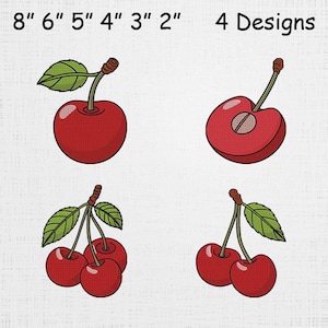 May include: Four designs of red cherries with green leaves and brown stems are displayed. One cherry is whole, another is cut in half, and the others are in clusters. The text "8" 6" 5" 4" 3" 2" 4 Designs" is at the top.