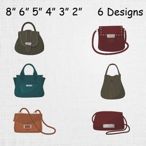 May include: Six purse designs are displayed, with sizes ranging from 2 to 8 inches. The purses come in various colors, including green, teal, brown, and burgundy. Each purse has a unique style, such as a satchel, a crossbody, and a drawstring bag.