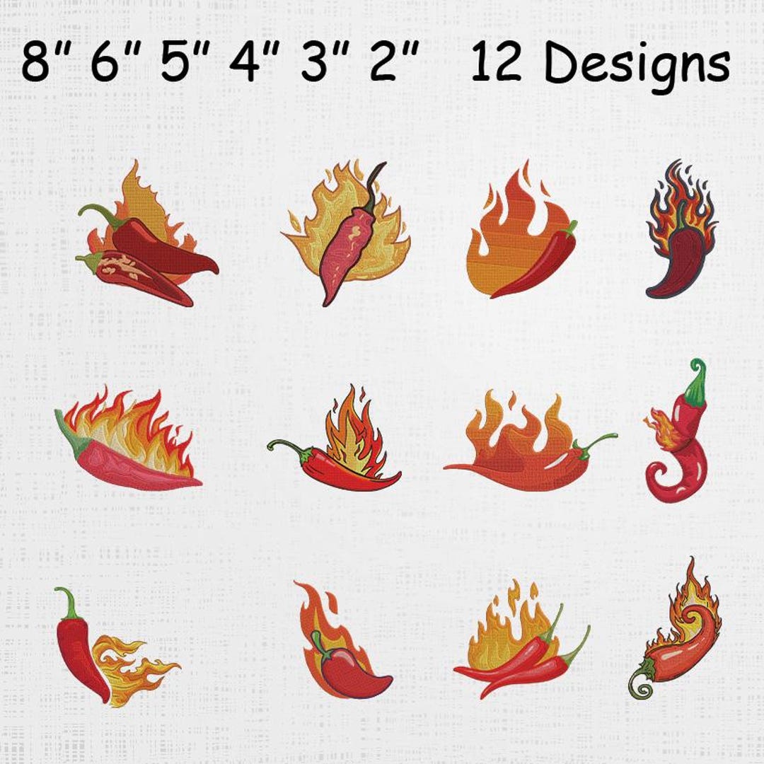 Spicy Chili Peppers Embroidery Set - Flaming Peppers Machine File - Hot ...