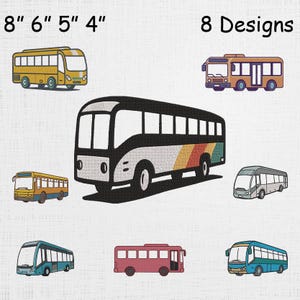 Puede incluir: Una colección de 8 diseños de bordado de autobuses en varios colores, incluyendo amarillo, naranja, rojo, azul y gris. El texto 8" 6" 5" 4" y 8 Designs es visible. Cada autobús presenta ventanas, ruedas y formas de carrocería distintas.