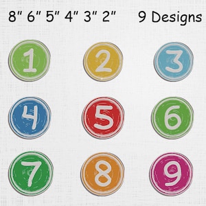 Könnte beinhalten: Neun farbenfrohe kreisförmige Designs, jedes mit einer anderen Zahl von 1 bis 9. Die Zahlen sind weiß, vor Hintergründen in Grün, Gelb, Blau, Rot und Pink. Das Bild zeigt auch die Größen von 5 cm bis 20 cm.
