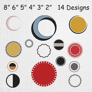 Op de afbeelding: Een verzameling van 14 cirkelvormige ontwerpen in verschillende kleuren en patronen. Maten variëren van 5 cm tot 20 cm. Ontwerpen omvatten een halve maan, zonnestralen en effen cirkels. De tekst "14 Designs" is zichtbaar.