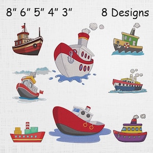 Può includere: Disegni ricamati di otto diversi rimorchiatori di cartoni animati, ognuno con combinazioni di colori e dettagli unici. L'immagine include il testo "8 Designs" e misure da 7,6 a 20,3 cm.