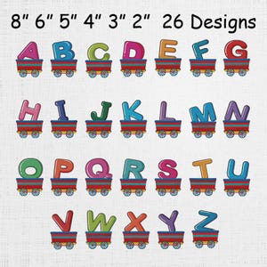 Puede incluir: Alfabeto colorido, cada letra en un vagón de tren, con el texto "8" 6" 5" 4" 3" 2" 26 Designs" arriba. Las letras son de varios colores, incluyendo rojo, azul, verde y morado. Los vagones son rojos, azules y amarillos.
