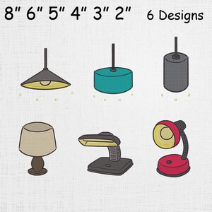 Peut inclure: Six modèles de lampes différents sont présentés, chacun avec une forme et une palette de couleurs uniques. Les lampes comprennent des suspensions, des lampes de table et des lampes de bureau. Le texte "8" 6" 5" 4" 3" 2" 6 Designs" est également inclus.