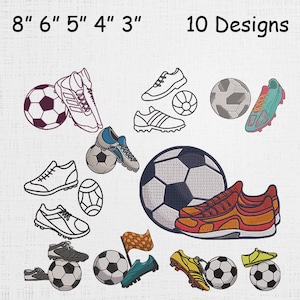 Pode incluir: Desenhos de bordado de futebol com bolas e chuteiras em várias cores. A imagem inclui o texto "8" 6" 5" 4" 3"" e "10 Designs". Os desenhos são adequados para projetos com tema esportivo.