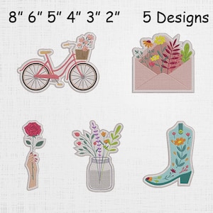 May include: Embroidered patches featuring floral designs. Includes a pink bicycle with a basket of flowers, an envelope with flowers, a rose, a jar of flowers, and a turquoise cowboy boot. Sizes range from 2 to 8 inches.