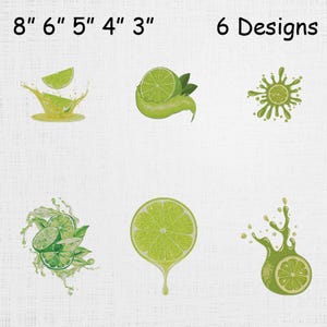 Peut inclure: Six motifs de citron vert sont présentés, avec le texte "8" 6" 5" 4" 3"" et "6 Designs" en haut. Les motifs comprennent des tranches de citron vert, des citrons verts entiers et des éclaboussures de jus de citron vert. Les citrons verts sont verts et le jus est jaune.