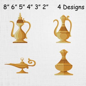 Puede incluir: Cuatro diseños dorados y estilizados de la lámpara de Aladino y otros recipientes ornamentados. La imagen incluye el texto "8" 6" 5" 4" 3" 2"" y "4 Designs". Los diseños miden entre 5 y 20 cm de altura.