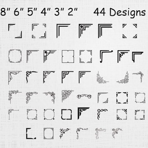 May include: A collection of 44 black line art corner designs arranged in a grid on a light background. The text at the top reads 8" 6" 5" 4" 3" 2" and 44 Designs. The graphics include various geometric, floral, and scrollwork corner patterns.
