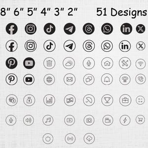 Puede incluir: Una colección de 51 diseños con iconos de redes sociales y aplicaciones, incluyendo Facebook, Instagram y TikTok. Los iconos en blanco y negro están disponibles en tamaños de 5 cm a 20 cm.