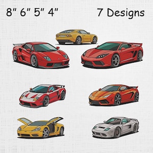 Op de afbeelding: Zeven auto-ontwerpen in verschillende kleuren, waaronder rood, geel en zilver. De afbeelding bevat de tekst "8" 6" 5" 4"" linksboven en "7 Designs" rechtsboven.