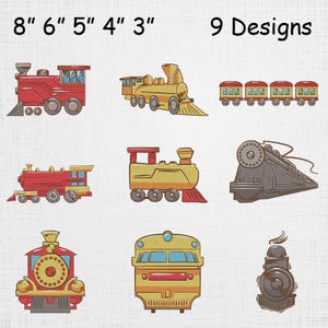May include: Nine colorful train designs, each approximately 3 to 8 inches in length, are displayed. The trains are in various styles, including red, yellow, and gray locomotives with detailed features. The image includes the text "9 Designs".