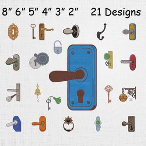 May include: An image showcasing 21 different door hardware designs, including doorknobs, keys, and a bell. The designs are in various colors and styles, with measurements from 2 to 8 inches displayed at the top.
