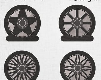 May include: Four black and gray car wheel designs, each with a different spoke pattern. The wheels are labeled with sizes ranging from 3 to 8 inches. The text "4 Designs" is also present.