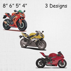 Może przedstawiać: Trzy projekty motocykli w kolorze czerwonym, żółtym i czerwonym. Górny motocykl jest pomarańczowy z zieloną szybą. Środkowy motocykl jest żółto-czarny. Dolny motocykl jest czerwony. U góry znajduje się tekst "8" 6" 5" 4"" i "3 Designs".