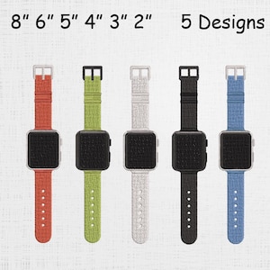 May include: Five smartwatches with different colored bands: red, green, white, black, and blue. The watch faces are black. The bands are labeled with sizes from 2" to 8".