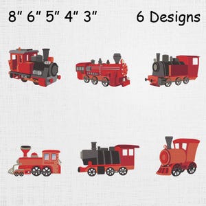 May include: Six embroidered train designs in red, black, and gray. The trains vary in style, with sizes ranging from 3 to 8 inches. The text "6 Designs" and size measurements are at the top.