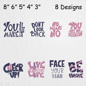 Op de afbeelding: Acht ontwerpen met motiverende zinnen in marineblauw en roze. Zinnen zijn onder meer "You'll Make It", "Don't Look Back", "No Means No", "You Are My Inspiration", "Cheer Up!", "Live a Creative Life", "Face Your Fear" en "Be Unique".