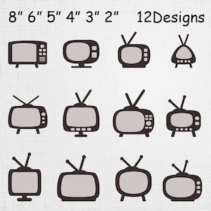May include: Twelve retro television designs in a variety of styles and sizes, ranging from 2 to 8 inches. Each TV is black with a screen and antenna, perfect for crafting or design projects.